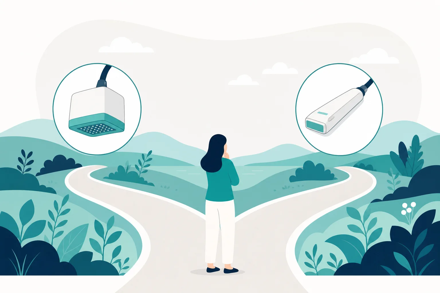 두 개의 서로 다른 시술 기기 팁이 갈림길 양쪽에 놓여 있는 모습의 일러스트