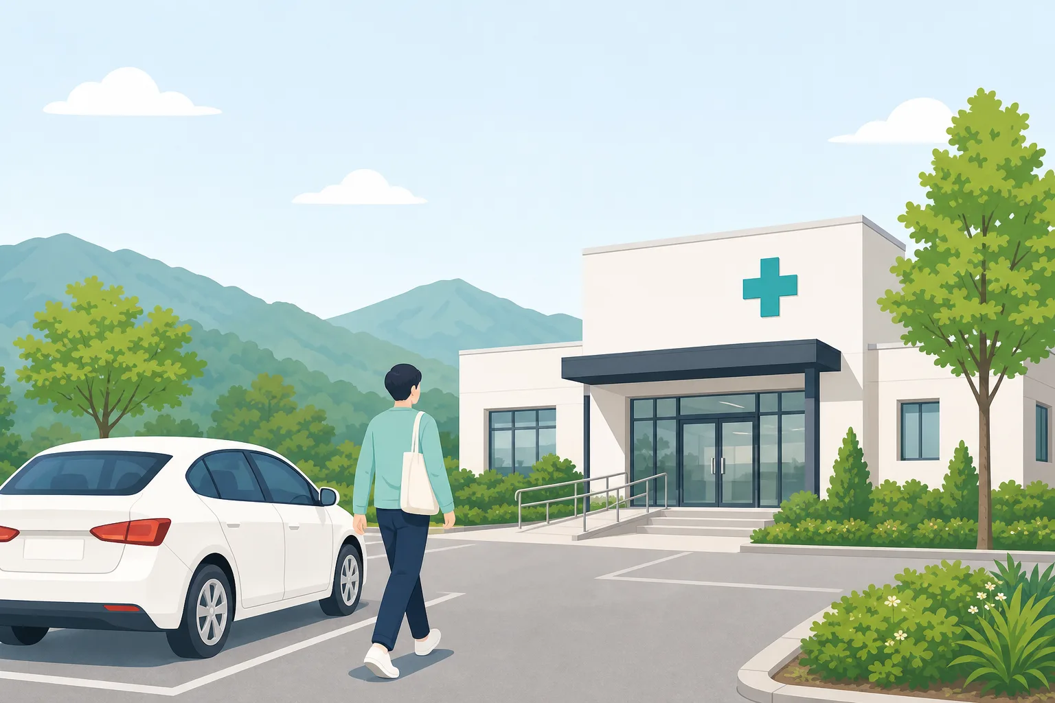 의원 건물 앞 주차장에 차를 세우고 걸어가는 사람의 일러스트