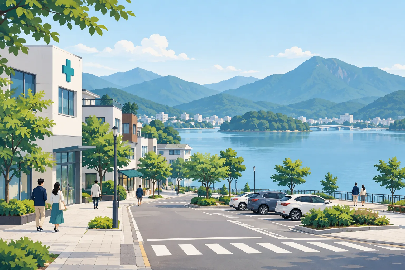 호수와 산을 배경으로 한 도시 거리와 의원 건물이 보이는 풍경 일러스트