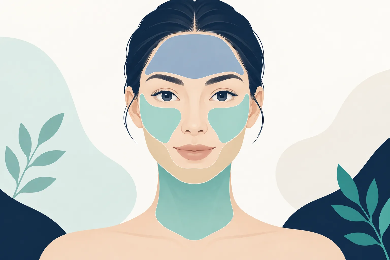 볼, 턱선, 이마, 목 구역을 서로 다른 옅은 색으로 나눈 얼굴과 목 그림