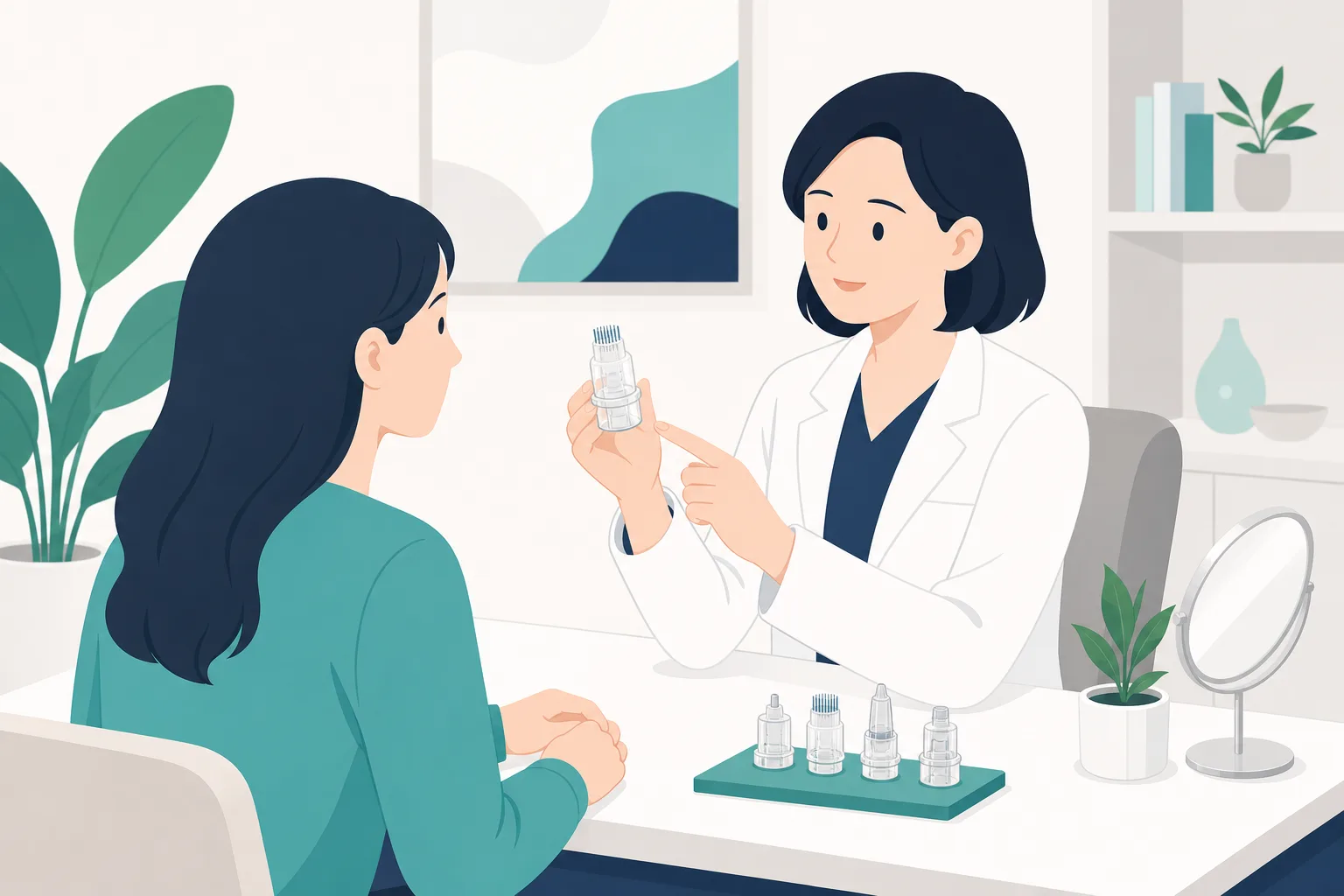 상담에서 팁 모형을 보며 설명을 듣는 장면의 일러스트