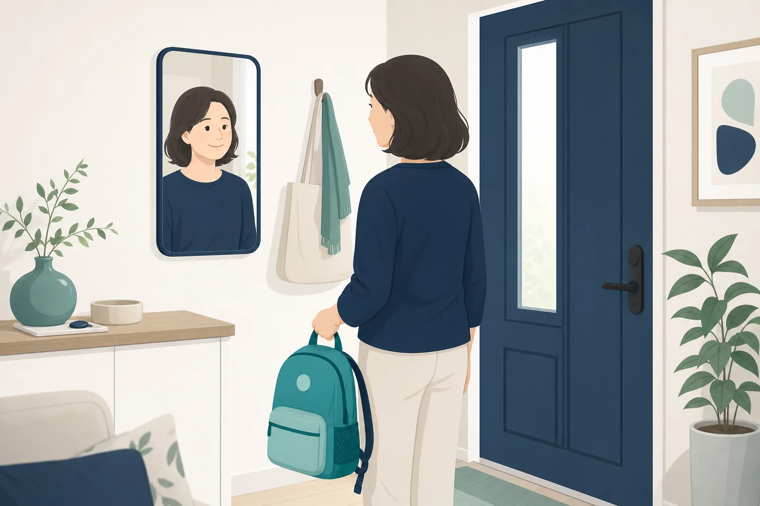 아이 학원 가방을 든 40대 부모가 거울을 보는 모습의 일러스트