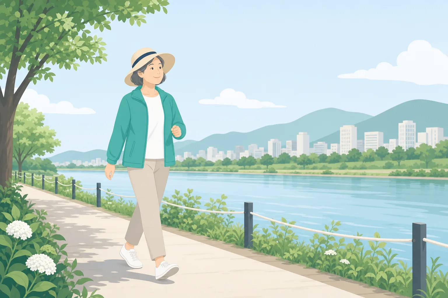 산책로에서 모자를 쓰고 걷는 50대 여성의 일러스트
