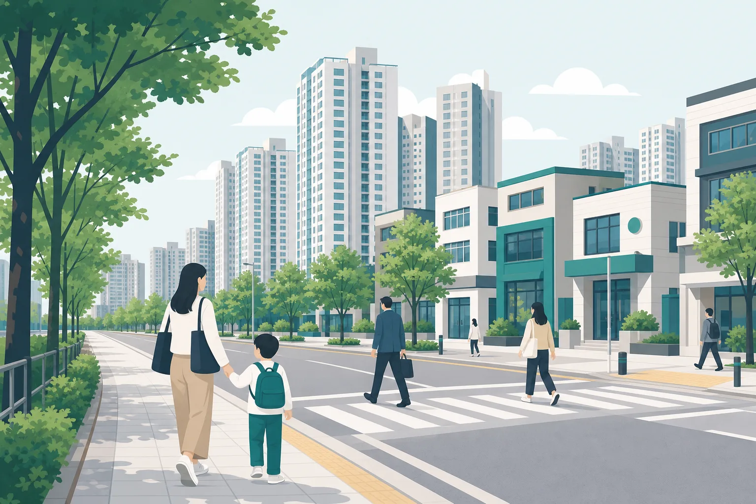 아파트 단지와 학원가 건물 사이로 사람들이 오가는 목동 생활권 거리 일러스트