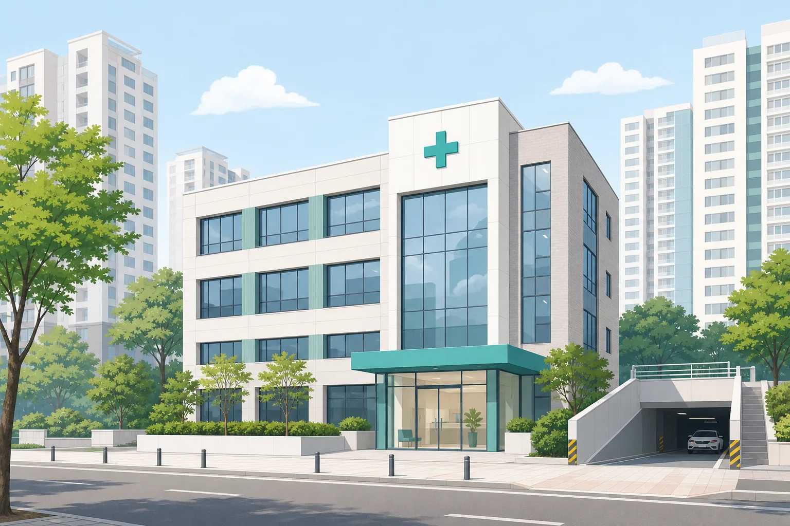 아파트 상가 건물 1층의 의원 입구와 주차장 진입로를 그린 일러스트
