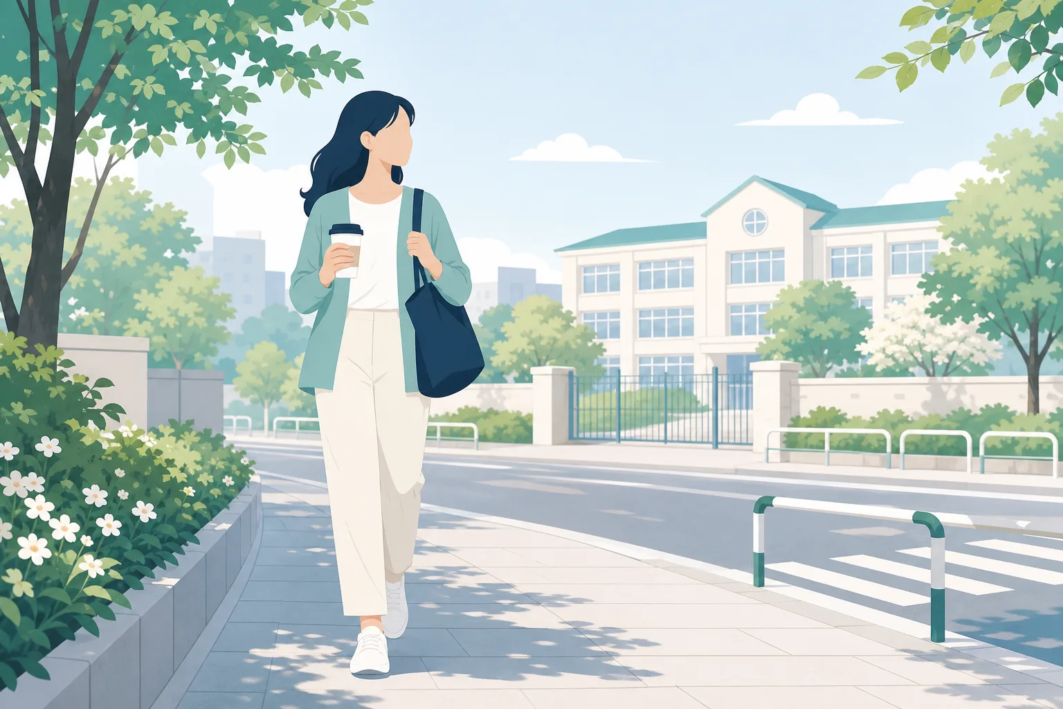 아이를 학교에 보낸 뒤 오전에 커피를 들고 걷는 부모의 일러스트